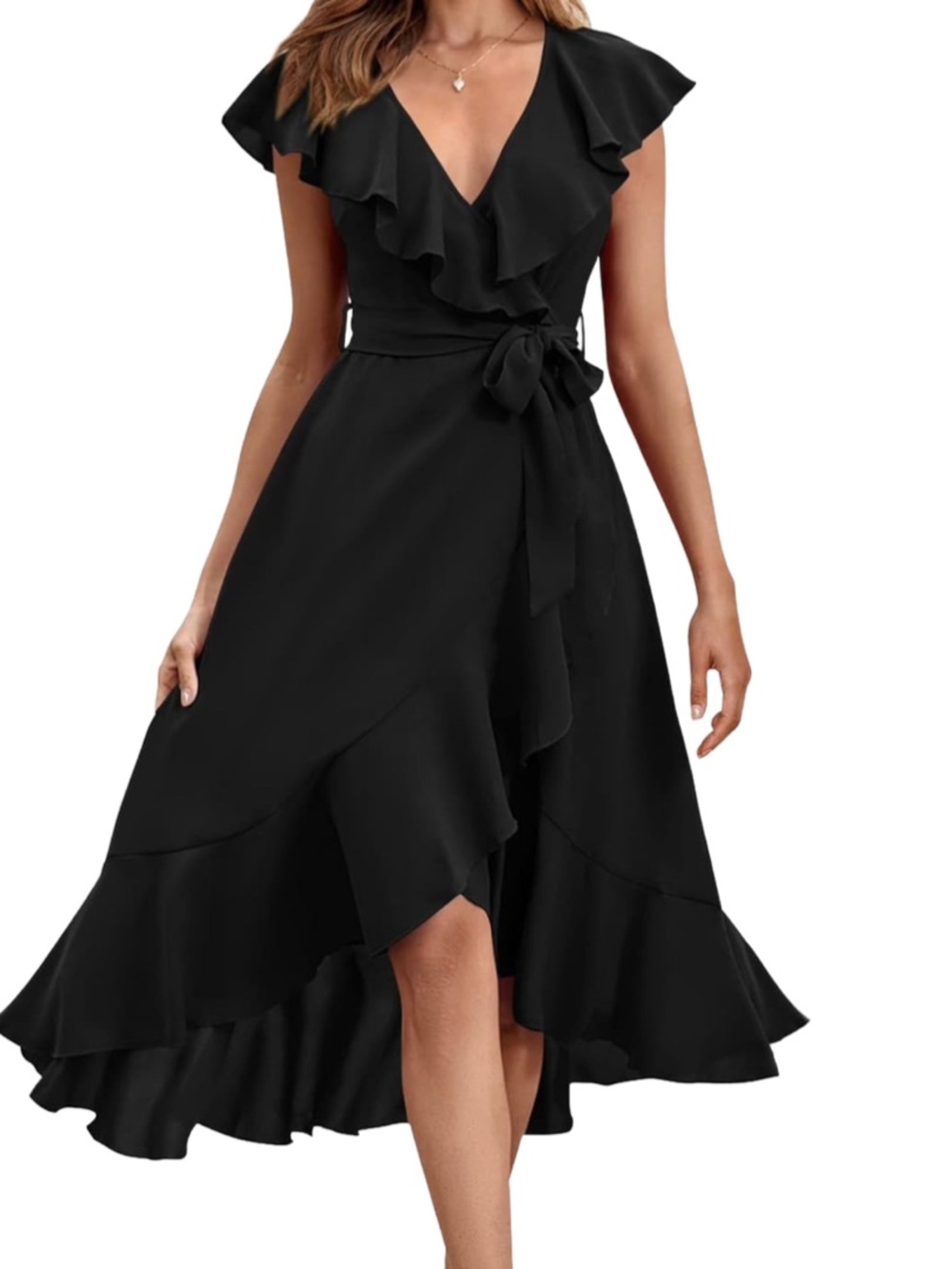 Black Ruffle Wrap Midi Dress - Women's Elegant V-Neck LG